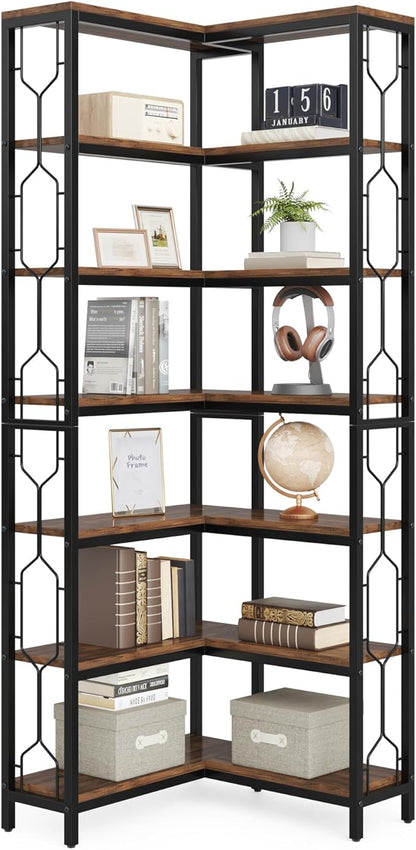 Tribesigns Corner Shelf, 7-Tier Industrial Corner Bookshelf, Wood and Metal Etagere Bookcase, Freestanding Display Shelf for Living Room, Kitchen, Home Office, Rustic Brown