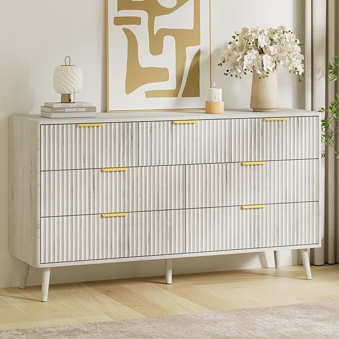 LYNSOM Fluted Dresser and Nightstand Sets 4 Piece, 1-Drawer Nightstands and 5/7 Drawers Dresser, Wood Bedroom Furniture Set for Home, Bedroom, Hallway, White