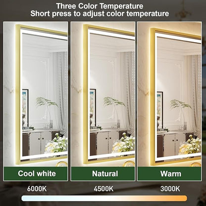 LED Bathroom Mirror, 20x28 Inch Frontlit & Backlit Gold Framed Lighted Mirror,Wall Mouted Vanity with Lights,Double Lights Strips,Anti Fog Stepless Dimmable White/Warm/Natural