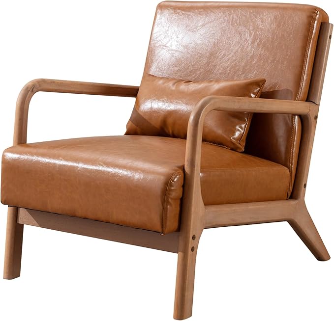 ANJHOME Mid Century Modern Accent Chairs Set of 2, PU Leather Reading Chair with Solid Wood Frame, Easy Assembly Armchair for Living Room