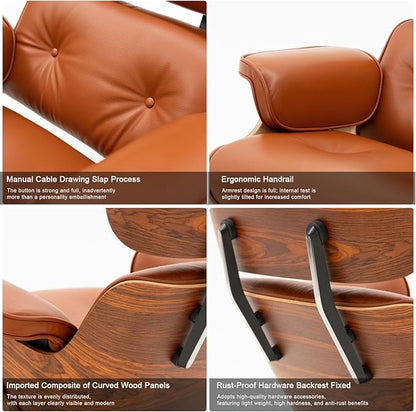 Top Grain Leather, Mid Century Chaise Lounge Chair and Ottoman, Modern Chair Classic Design, Heavy Duty Base Support for Living Room Study Lounge Office, Palisander-Brown