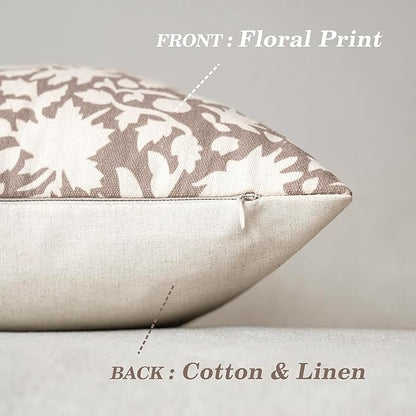 Foindtower Set of 2 Decorative Neutral Floral Throw Pillow Covers Accent Farmhouse Cushion Covers Boho Vintage Pillowcase for Couch Sofa Bedroom Living Room Home Decor,18×18 Inch,Tan