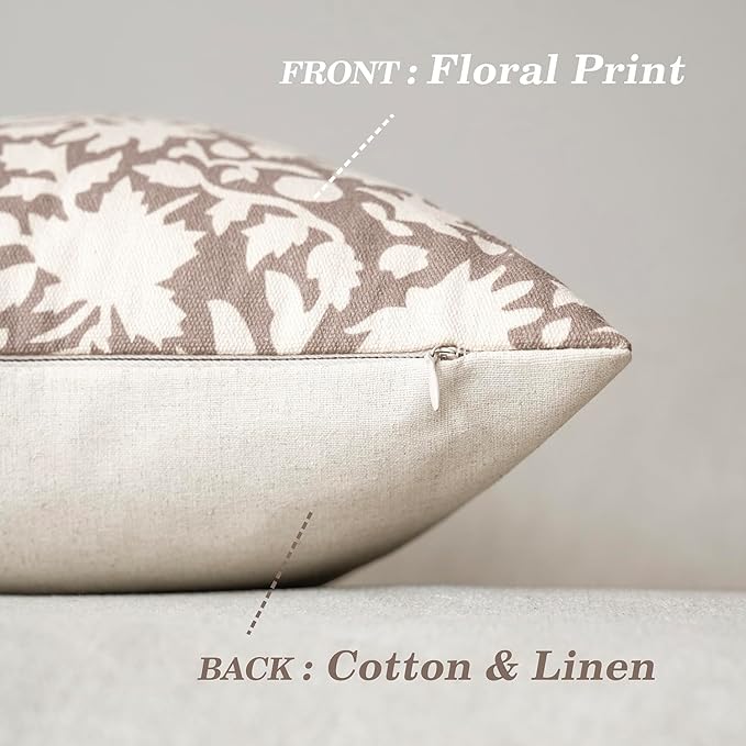 Foindtower Set of 2 Decorative Neutral Floral Lumbar Throw Pillow Covers Accent Farmhouse Cushion Covers Boho Vintage Pillowcase for Couch Sofa Bedroom Living Room Home Decor,12×20 Inch,Tan