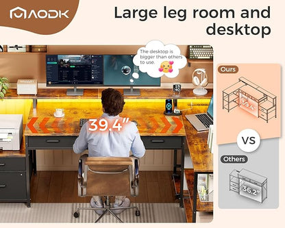 AODK L Shaped Desk with 5 File Drawers, 66" Reversible L Shaped Computer Desk with Power Outlet & LED Strip, Office Desk with Storage Shelves, Gaming Table with Monitor Shelf, Corner Table, Vintage