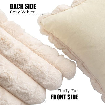 Neelvin Beige Faux Fur Cozy Soft Plaid Decorative Throw Pillow Covers 22x22 inch Set of 2,Velvet Pillowcase Cushion Case for Sofa Couch