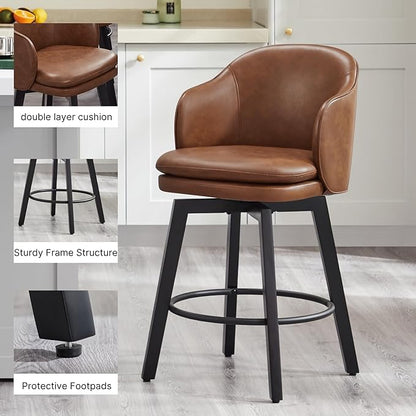 Counter Height Barstools 26 inch Upholstered Swivel Bar Stools with Back and Wood Legs for Kitchen Island,Set of 3,Brown PU Leather
