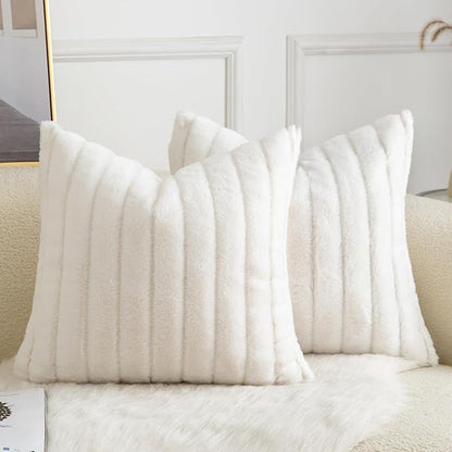 Pack of 2 Faux Fur Throw Pillow Covers 22x22 Inch Striped Decorative Soft Plush Couch Pillow Case Home Decor for Bed, Sofa, Living Room Cream White