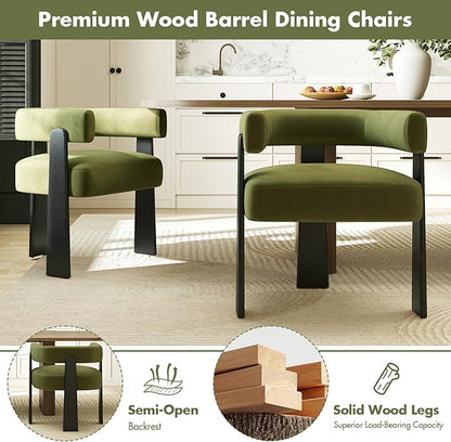 Modern Dining Chairs Set of 2, Upholstered Velvet Barrel Accent Chairs with Backrest & Arms, Wide and Thicker Padded Kitchen Side Chair with Wooden Legs for Dining Room, Livingroom, Dark Green