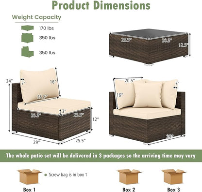 Tangkula 7 Pieces Patio Rattan Furniture Set, Patiojoy Outdoor Conversation Set with Cushions and Tempered Glass Coffee Table, All-Weather Sectional Sofa Set for Garden, Lawn, Backyard