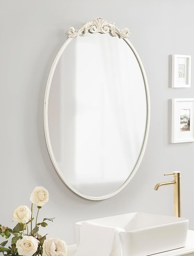 Kate and Laurel Arendahl Traditional Vertical Oval Wall Mirror, 24 x 36, Antique White, Vintage Glam Baroque-Inspired Round Bathroom Vanity Mirror with Ornate Crown