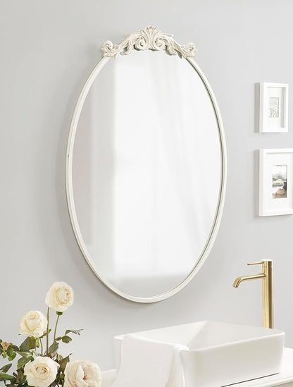 Kate and Laurel Arendahl Traditional Vertical Oval Wall Mirror, 24 x 36, Antique White, Vintage Glam Baroque-Inspired Round Bathroom Vanity Mirror with Ornate Crown