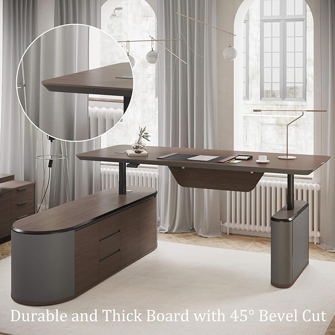 94.5" Reversible L-Shaped Adjustable Height Executive Desk with Oval Storage Cabinet - Black/Brown Standing Desk, Rounded Corners, 3 Drawers & 2 Door Compartments, Flexible Home & Office Workstation