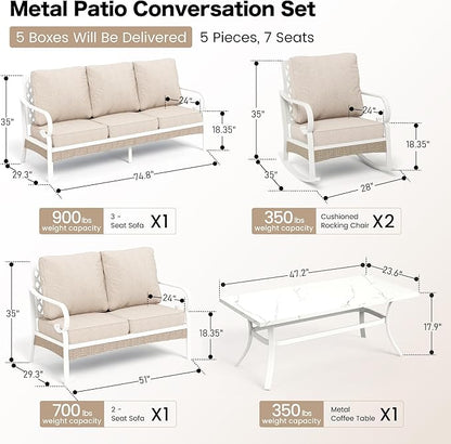 6 PCS Metal Outdoor Patio Furniture Set, Patio Conversations Sets 3-Seater Sofa, 2-Seater Sofa, 2 Rocking Chair with 5.75" Thick Cushion & Coffee Table White Backyard Furniture, Beige