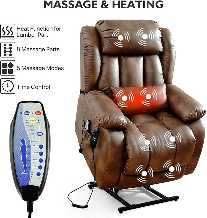 EDILLY Extra Large Power Lift Recliner Chairs for Elderly,Infinite Position Lay Flat Dual Motor Recliners Chair,with Heating and Massage, Breathable Leather,USB Ports and Remote Control(Orche)