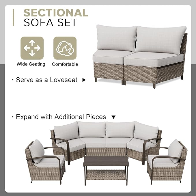 COOS BAY Aurora Terrace Half-Moon Outdoor Furniture Set, Rattan Conversation Set with Swivel Rockers, Curved 4-Seat Sofa, Coffee Table & Side Table, Seats 6, Beige/Beige