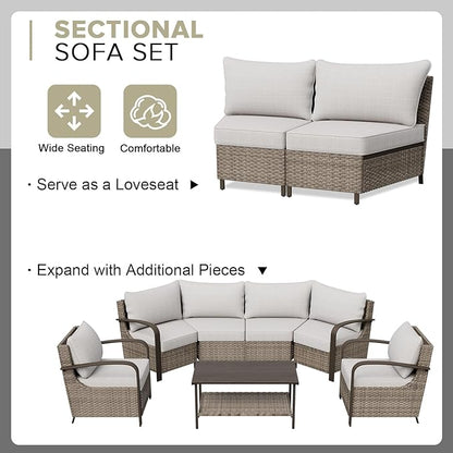 COOS BAY Aurora Terrace Half-Moon Outdoor Furniture Set, Rattan Conversation Set with Swivel Rockers, Curved 4-Seat Sofa, Coffee Table & Side Table, Seats 6, Beige/Beige