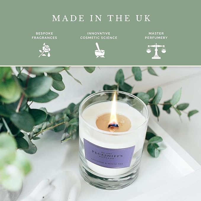 Pecksniffs Lavender & White Tea Scented Candle | Elegant Glass Vessel | Scented Candles for Home | 1 Wick, 184g/6.49oz