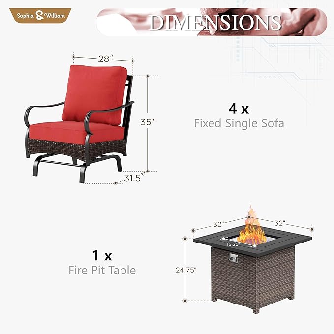 Sophia & William Patio Furniture Set with Fire Pit Table, 5 PCS Metal Outdoor Conversation Set Sofa Couch with Fire Pit Table, 4 Sofa Chairs for Outdoor Seating,Backyard,Porch(Red)