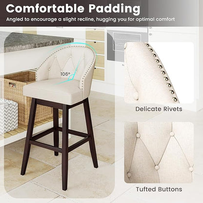 COSTWAY Bar Stools Set of 2, 31’’ Swivel Bar Stools with Rubber Wood Legs & Padded Back, Breathable Linen Fabric, Stylish Tufted Design & Rivet Decoration, Adjustable Foot Pads (2, Beige + Brown)