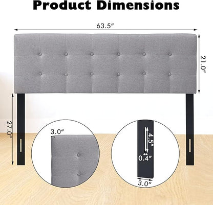 Giantex Linen Upholstered Headboard, Adjustable Width Button Tufted Headboard Only with Solid Wood Legs, Attach Frame, Rectangular Headboard for Queen Full Size Bed, Gray