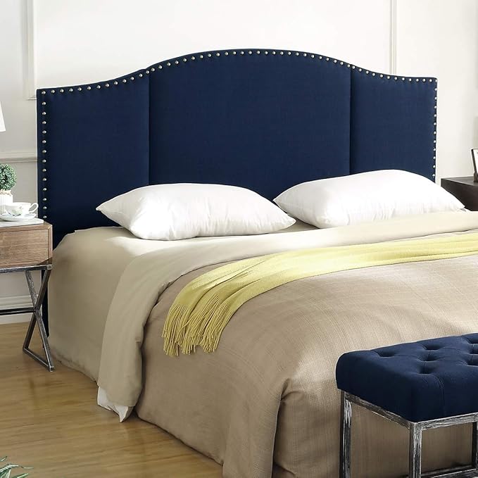 24KF Middle Century Linen Upholstered Tufted King Size Headboard with Antique Brass Nail Heads Trim King/California King headboard-Navy Blue