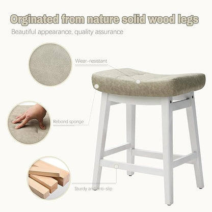 Counter Height Bar Stool Kitchen Counter Modern Backless Barstool with Upholstered Faux Leather Seat and Solid Wood Leg Farmhouse 24 inch Bar Chair, Light Grey + White, 1pc