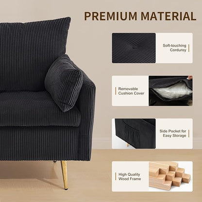 Furnimart 2-Seater Storage Loveseat for Small Spaces, 62“ Corduroy Couch with Removable Cushion Cover and Metal Leg for Bedroom, Apartment, Tiny Homes and Lofts, Black