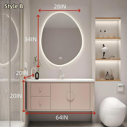 64IN Pink Modern Bathroom Vanity - Bathroom Vanities Set with 2 Drawers Wall Mounted | Rounded Corner Smart Defogging Mirror Cabinet with Lighting & Time Display, Side Opening Storage Shelf (Style B)