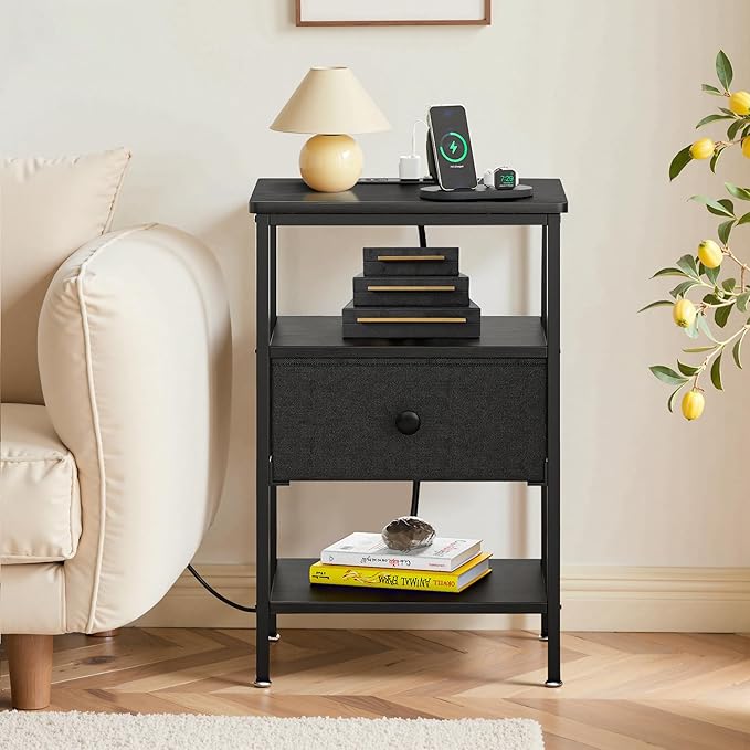 VECELO Night Stand Set 2, Nightstand with Charging Station, End Tables with Open Storage Shelf, Bed Side Tables with Fabric Drawers for Bedroom,Living Room,Classic Black