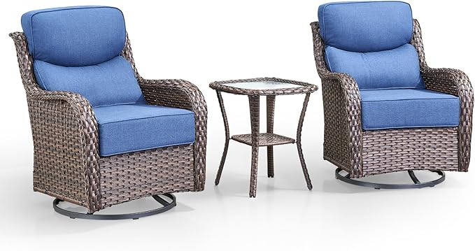 Swivel Patio Chairs Set of 3 with 6" Thick Cushion - Wicker Outdoor Swivel Rocker Patio Chairs with Side Table, High Back Comfortable Outdoor Glider Chairs - Brown Wicker Blue Cushion