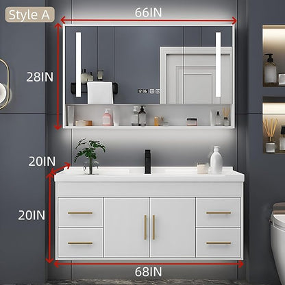 68IN Modern Bathroom Vanity - LED Intelligent Mirror Cabinet Includes Time Display & Defogging | Bathroom Cabinet with Sink & Open Storage Compartments, Ceramic Washbasin, 4 Drawers (Style A)