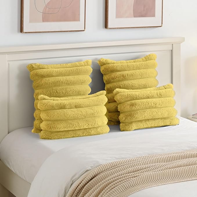 FUTEI Mustard Yellow Decorative Throw Pillow Covers 12x20 Inch Set of 2, Square Soft Faux Rabbit Fur Big Striped Cushion Cover,Home Decor for Couch Sofa Bed Living Room