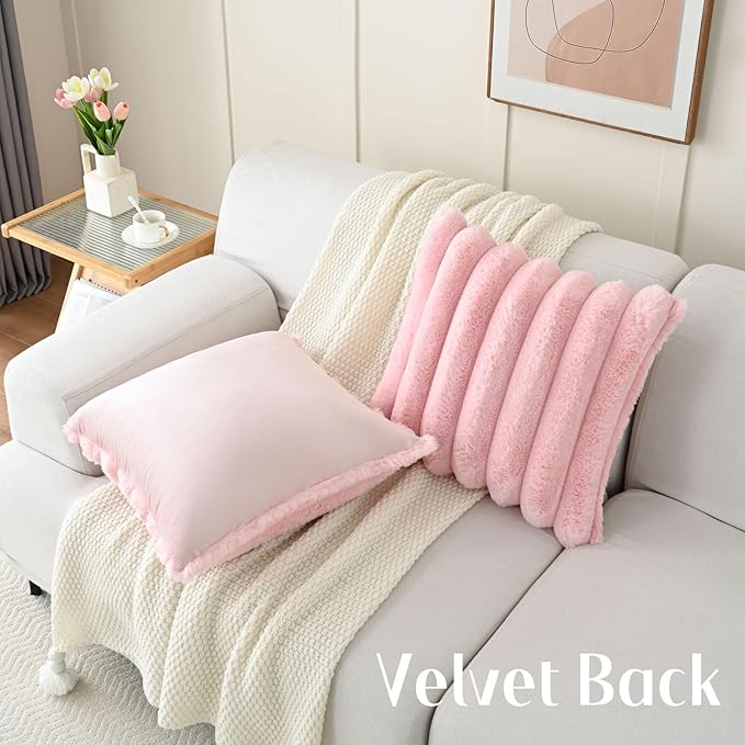 FUTEI Pink Decorative Throw Pillow Covers 24x24 Inch Set of 2, Square Soft Faux Rabbit Fur Thick Striped European Cushion Covers,Winter Home Decor for Couch Bed Living Room