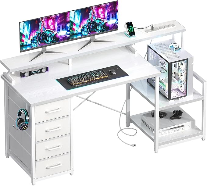 ODK 55 Inch Gaming Computer Desk with Power Outlets and 4 Drawers, Large Home Office Desk with Monitor Stand, Printer Shelf and Storage Shelves for Gaming or Bedroom Setup, White