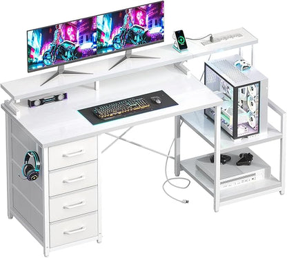 ODK 55 Inch Gaming Computer Desk with Power Outlets and 4 Drawers, Large Home Office Desk with Monitor Stand, Printer Shelf and Storage Shelves for Gaming or Bedroom Setup, White