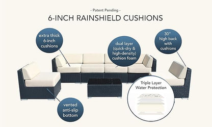 All Weather Outdoor Patio Wicker Furniture 7-PC Black Wicker Sectional with 6 inch Rainshield Gray Cushions