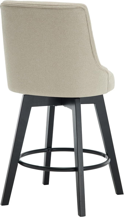 MINCETA Set of 2 Upholstered Bar Stools - 26 Inch Swivel Counter Height Stools with Low Tufted Back, Footrest & Performance Fabric - Khaki Round Seat for Kitchen Island & Home Bar