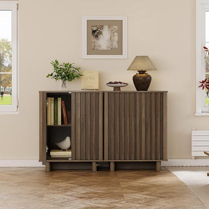 LukeAlon Fluted Sideboard Cabinet with Storage, Mid-Century Modern Accent Buffet Cabinet, 70" Wooden Credenza Cabinets for Living Room Dining Room Entryway Hallway, Walnut Color