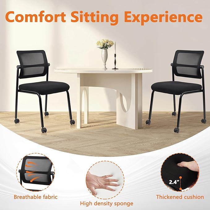 CLATINA Stacking Armless Office Guest Chair with Wheels, Stackable Mesh Waiting Room Reception Desk Chairs with Adjustable Backrest for Conference Lobby Side School, Black, 4PK
