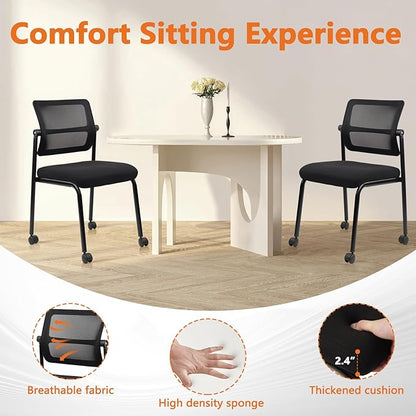 CLATINA Stacking Armless Office Guest Chair with Wheels, Stackable Mesh Waiting Room Reception Desk Chairs with Adjustable Backrest for Conference Lobby Side School, Black