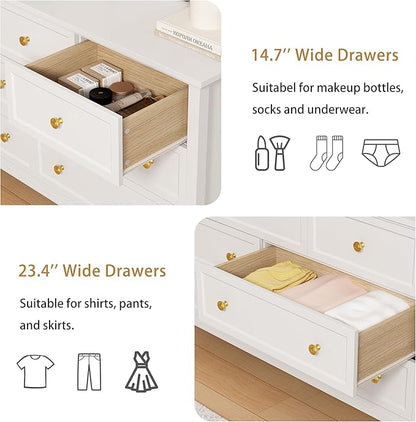 LYNSOM White Dresser for Bedroom with 7 Drawers, Modern Wide Chest of Storage Drawer with Gold Handles, TV Stand Dresser, Wood Dressers for Bedroom Living Room, Hallway, Entryway, 55’’