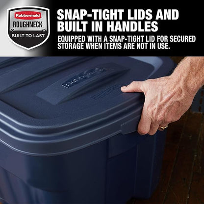 Rubbermaid Roughneck Tote 50 Gal, 2 Pack, Made in USA, Dark Indigo Metallic, Rugged Plastic Stackable Storage Bins with Lids and Handles