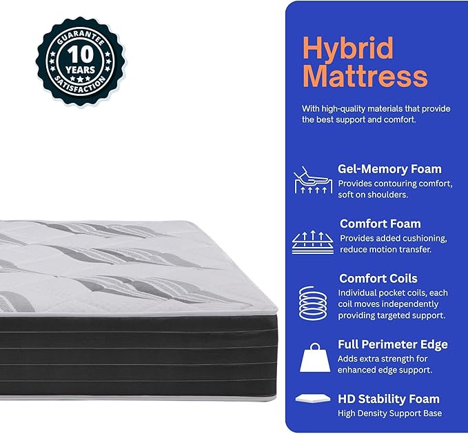 Roam 2.0 RV 12" Hybrid Mattress with Gel Memory Foam, RV King 70x80 Mattress, Luxury Medium Feel Made in USA