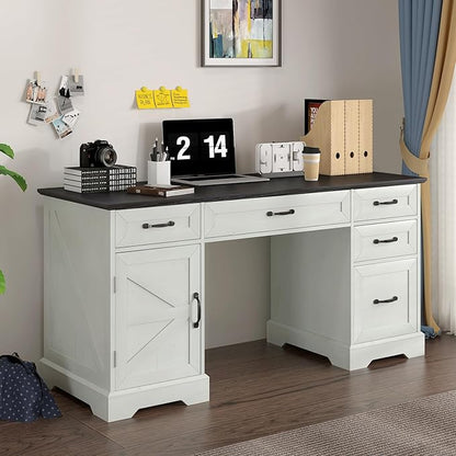 Executive Desk, Farmhouse Home Office Desk with Drawers and Storage Cabinet, Wood Computer Desk for Work and Study, Antique White (Style one)