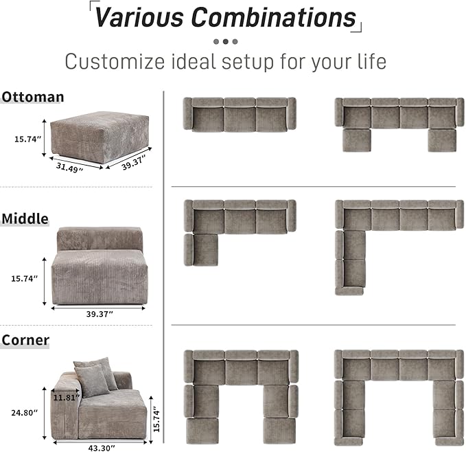 Oversized Modular Sectional Sofa with Ottomans,5 Seater Corduroy V Shaped Reversible Corner Couch,141.73" Convertible Sofa & Couch Free Combination for Living Rooom,Brown