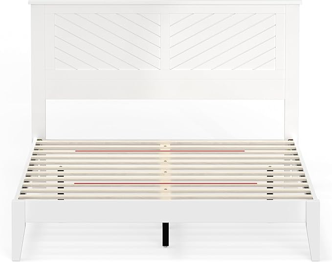 Serene Farmhouse Style Wood Bed in Queen Size with Chevron Scoring Headboard, Coastal Modern Design, Sturdy, Easy Assembly, Ample Underbed Storage, White Finish