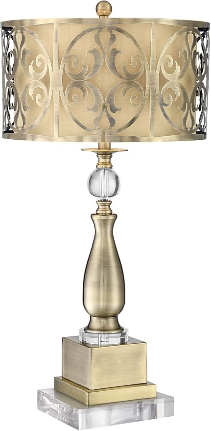 Possini Euro Design Doris Traditional Table Lamp with Clear Square Riser 32" Tall Brass Metal Candlestick Double Drum Shade for Bedroom Living Room House Home Bedside Nightstand Office Family