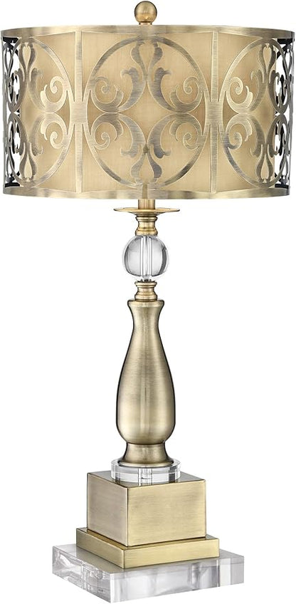 Possini Euro Design Doris Traditional Table Lamp with Clear Square Riser 32" Tall Brass Metal Candlestick Double Drum Shade for Bedroom Living Room House Home Bedside Nightstand Office Family