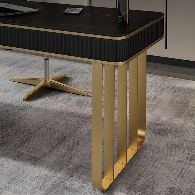 RUNNUP Stone top Computer Desk with 5 Drawers, Rectangular Home Computer Desk Writing Desk, Modern Executive Desk, Without Chairs, Black, 47.5" L x 23.5" W x 29.5" H