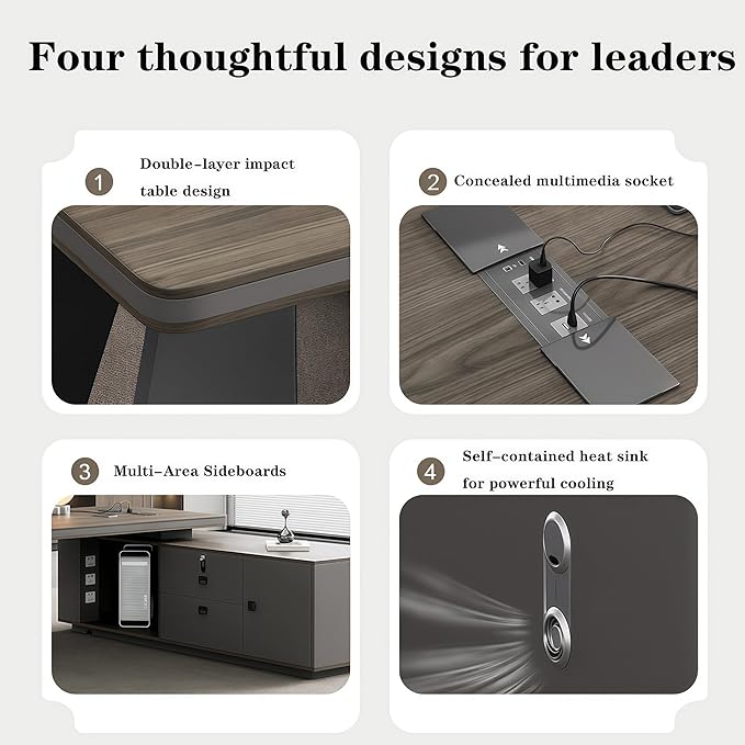 L Shaped Executive Desk, 102.4 inch Large Executive Computer Desk Set Drawers and Lockable, Power Socket and USB Port Storage, Without Display Racks and Bookshelves